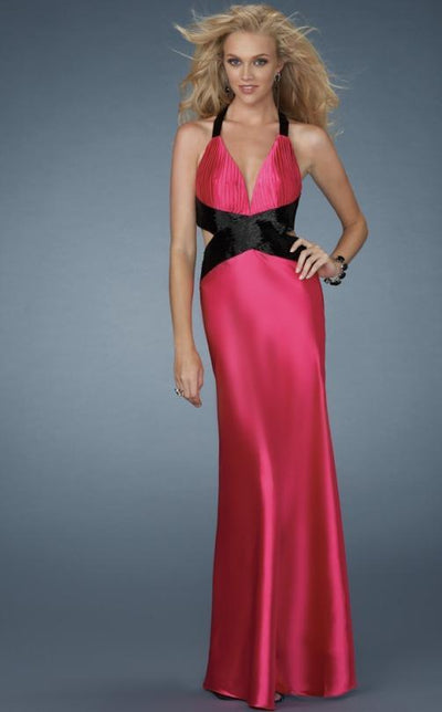 La Femme Gigi - 14660 Deep V-Neck Halter Gown with Crisscross Back Special Occasion Dress 00 / Fuchsia