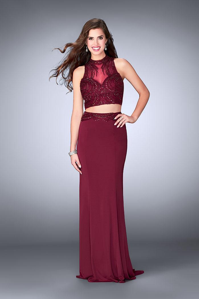 La Femme Gigi - 24051 Two-Piece Bead-Crusted Illusion Long Evening Gown Special Occasion Dress 00 / Burgundy