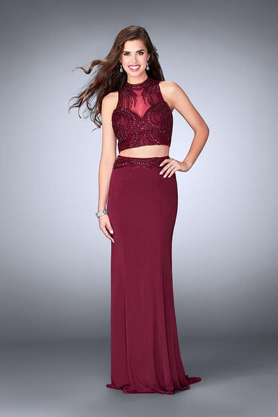 La Femme Gigi - 24051 Two-Piece Bead-Crusted Illusion Long Evening Gown Special Occasion Dress 00 / Burgundy