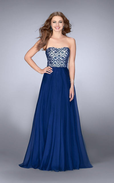 La Femme Gigi - 24561 Strapless Beaded Top Chiffon Prom Gown Special Occasion Dress 00 / Navy