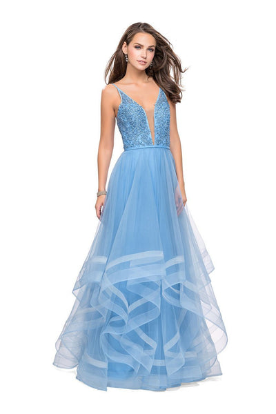 La Femme Gigi - 25639 Beaded Lace V-neck Ruffled Tulle A-line Dress Special Occasion Dress 00 / Cloud Blue
