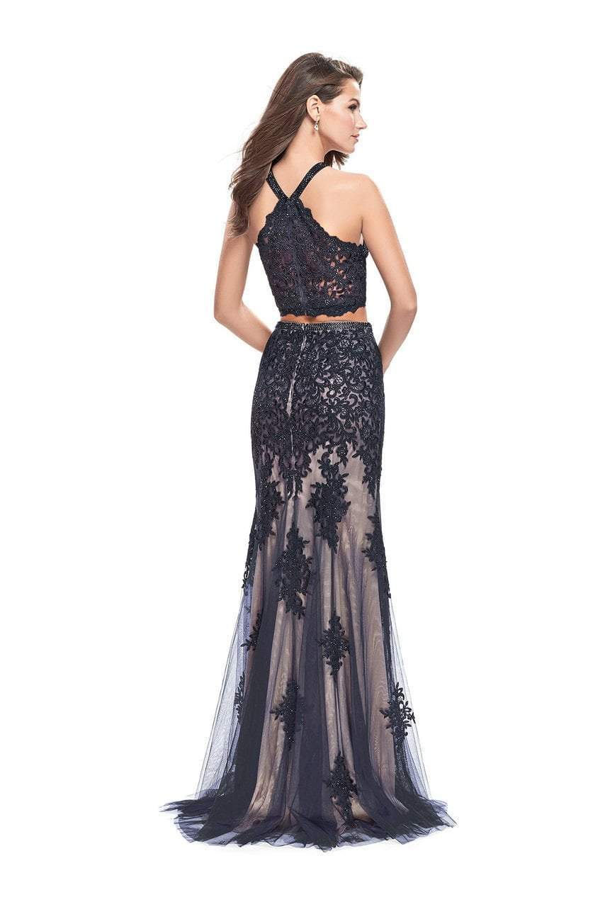 La Femme Gigi 26305 Two Piece Appliqued Tulle Overlay Sheath Gown - 1 pc Navy in size 4 Available CCSALE 4 / Navy