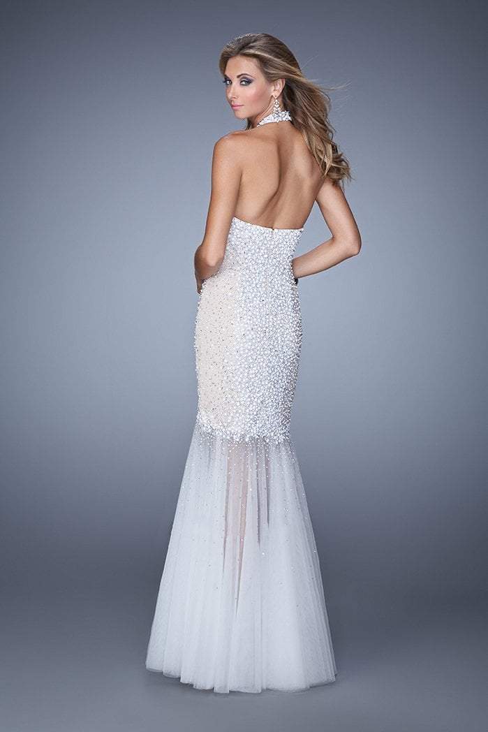 La Femme Gigi Bead Embellished Illusion Halter Mermaid Gown 21363 CCSALE 4 / White/Nude