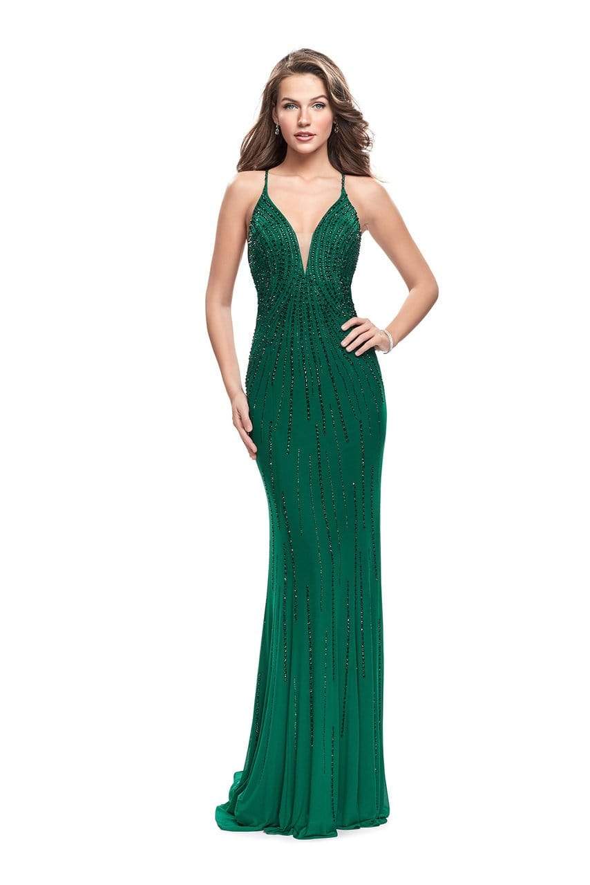 La Femme Gigi Beaded Plunging V-Neck Jersey Sheath Evening Gown 26300 CCSALE 4 / Forest Green