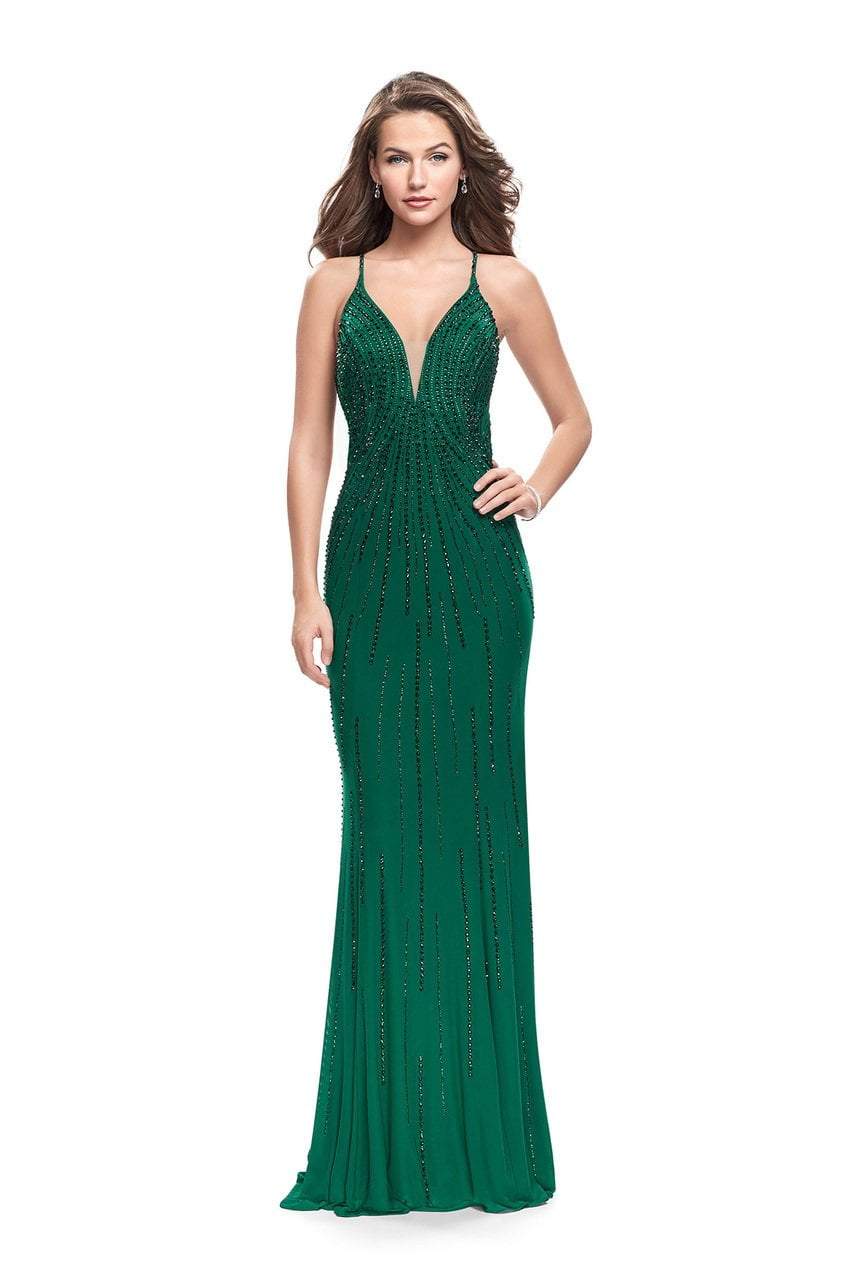 La Femme Gigi Beaded Plunging V-Neck Jersey Sheath Evening Gown 26300 CCSALE 4 / Forest Green