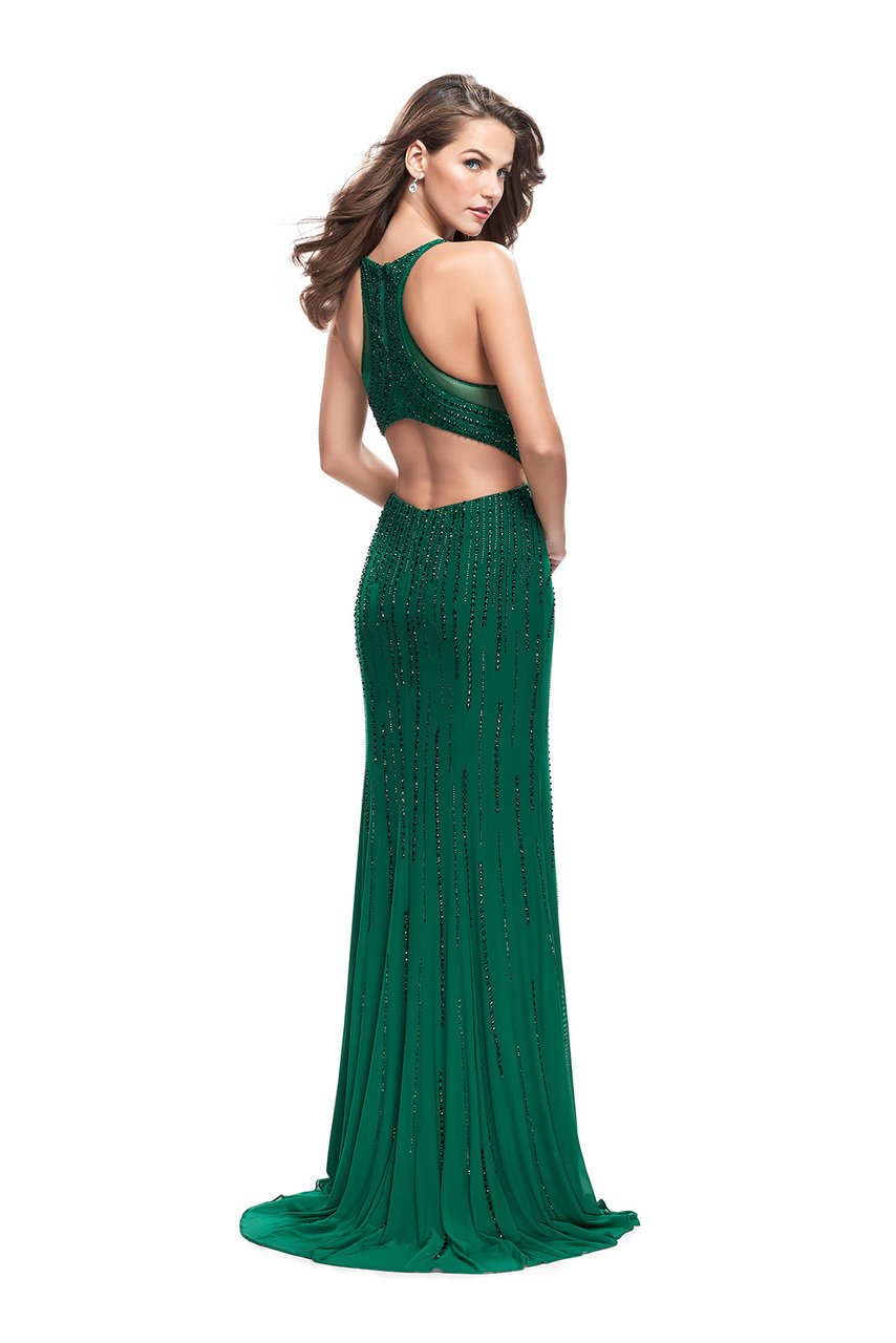 La Femme Gigi Beaded Plunging V-Neck Jersey Sheath Evening Gown 26300 CCSALE 4 / Forest Green