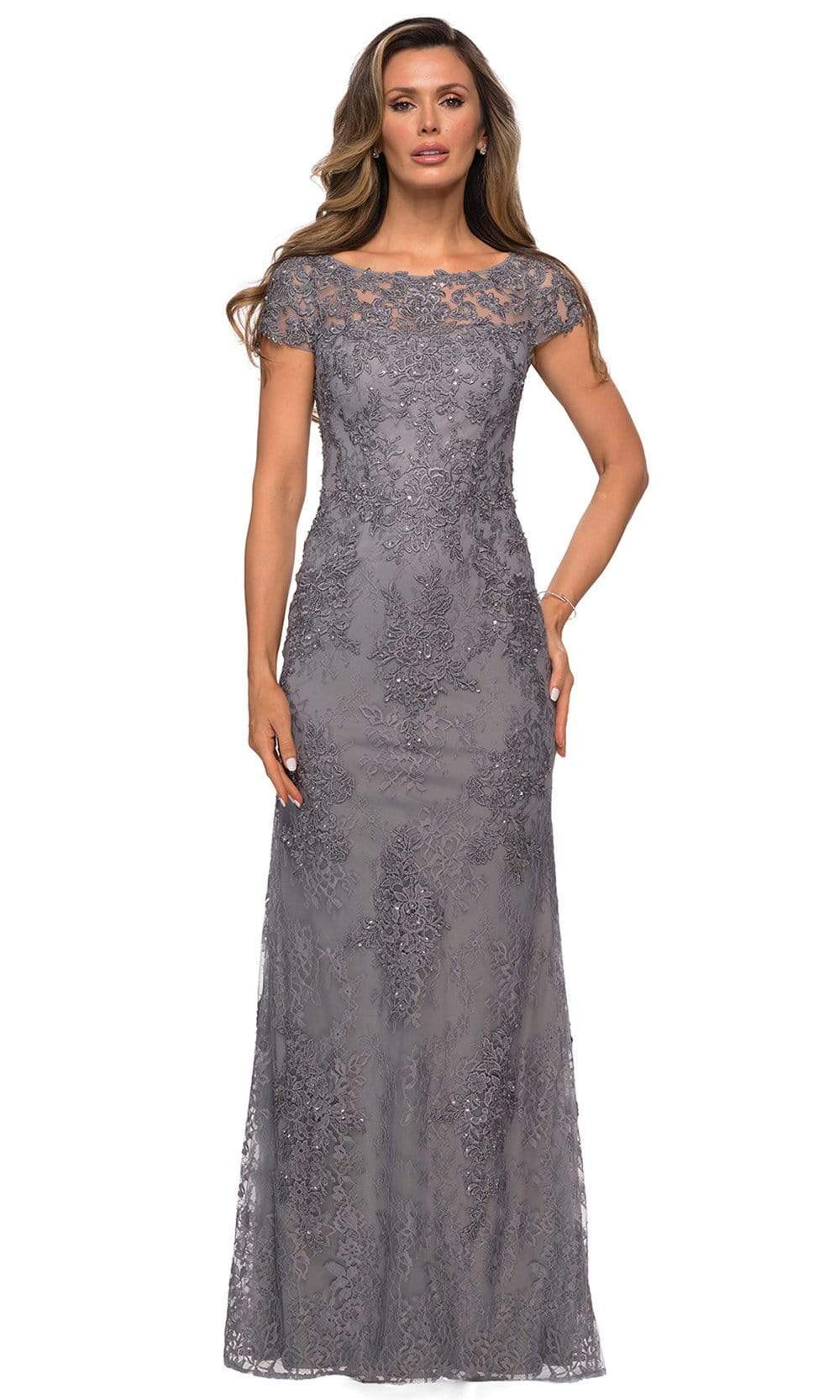 La Femme - Lace Applique Long Sheath Dress 27856SC - 1 pc Dark Platinum In Size 8 Available CCSALE 8 / Dark Platinum
