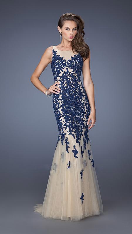 La Femme Lace Appliqued Jewel Tulle Mermaid Evening Gown 19916 - 1 pc Navy In Size 4 Available CCSALE 4 / Navy