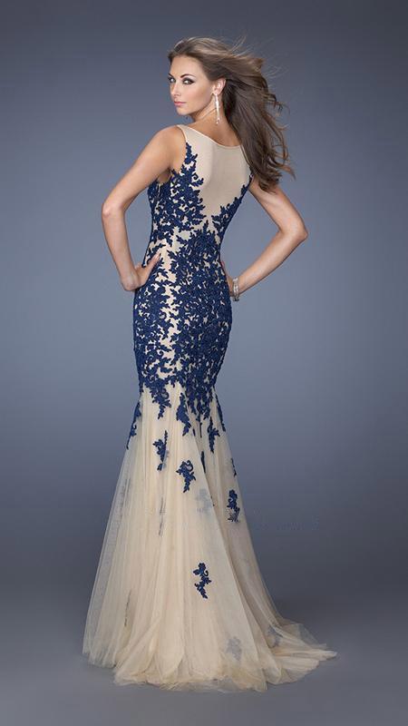 La Femme Lace Appliqued Jewel Tulle Mermaid Evening Gown 19916 - 1 pc Navy In Size 4 Available CCSALE 4 / Navy
