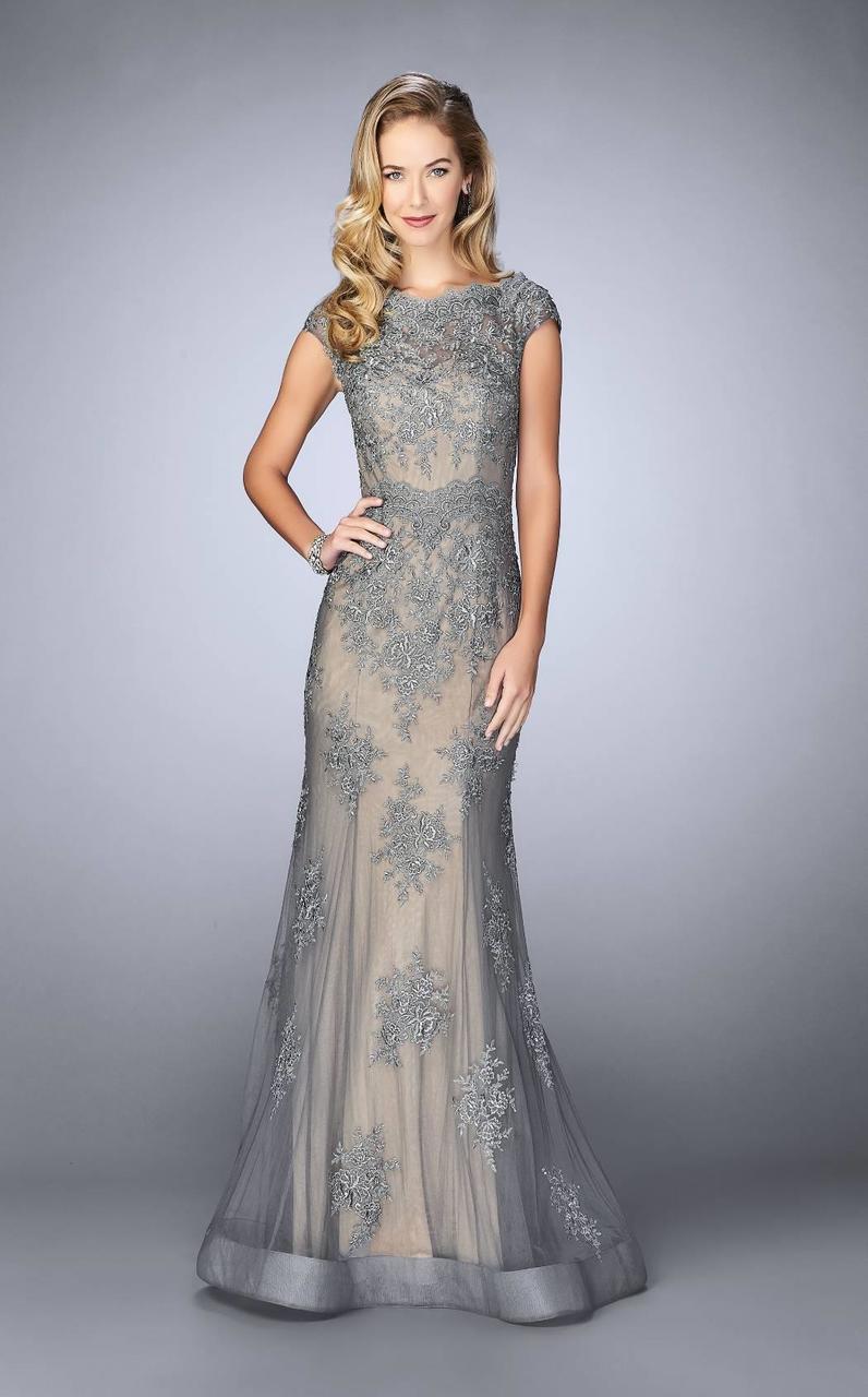 La Femme Lace Bateau Cap Sleeves Sheath Evening Dress 23059 - 1 pc Platinum In Size 8 Available CCSALE 8 / Platinum