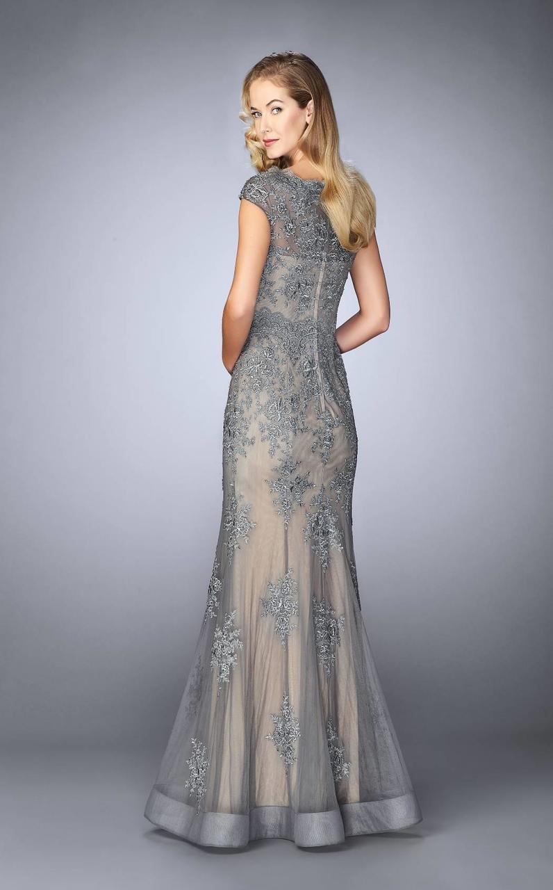 La Femme Lace Bateau Cap Sleeves Sheath Evening Dress 23059 - 1 pc Platinum In Size 8 Available CCSALE 8 / Platinum