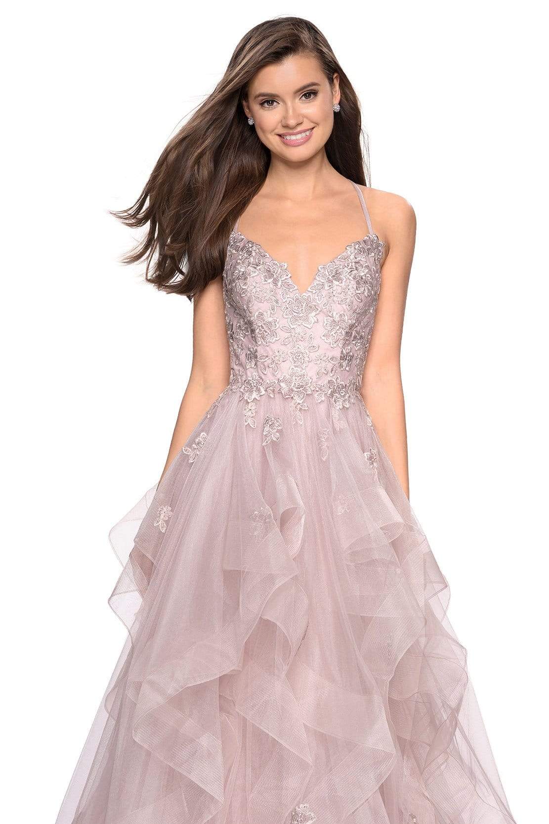 La Femme - Lace Embellished V-Neck Ruffled Dress 27579SC - 1 pc Dusty Mauve In Size 2 Available CCSALE 2 / Dusty Mauve