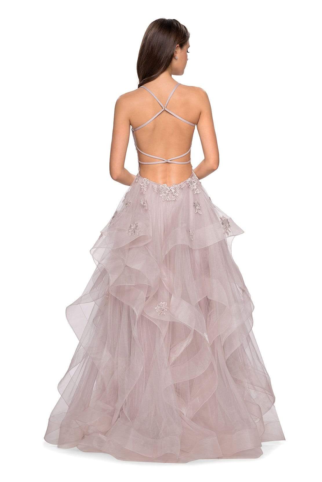 La Femme - Lace Embellished V-Neck Ruffled Dress 27579SC - 1 pc Dusty Mauve In Size 2 Available CCSALE 2 / Dusty Mauve