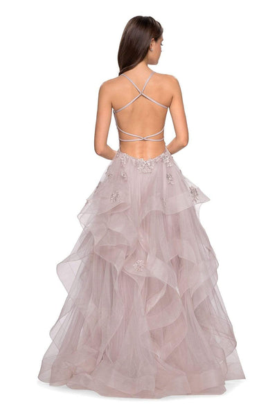 La Femme - Lace Embellished V-Neck Ruffled Dress 27579SC - 1 pc Dusty Mauve In Size 2 Available CCSALE 2 / Dusty Mauve