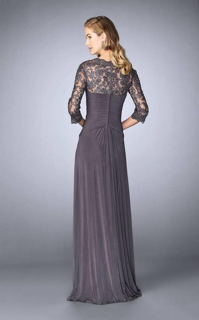 La Femme - Lace Embroidered V-Neck Evening Dress 23244SC - 1 pc Gunmetal In Size 2 Available CCSALE 2 / Gunmetal