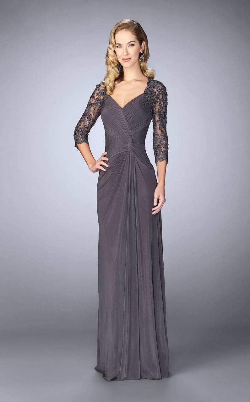 La Femme - Lace Embroidered V-Neck Evening Dress 23244SC - 1 pc Gunmetal In Size 2 Available CCSALE 2 / Gunmetal