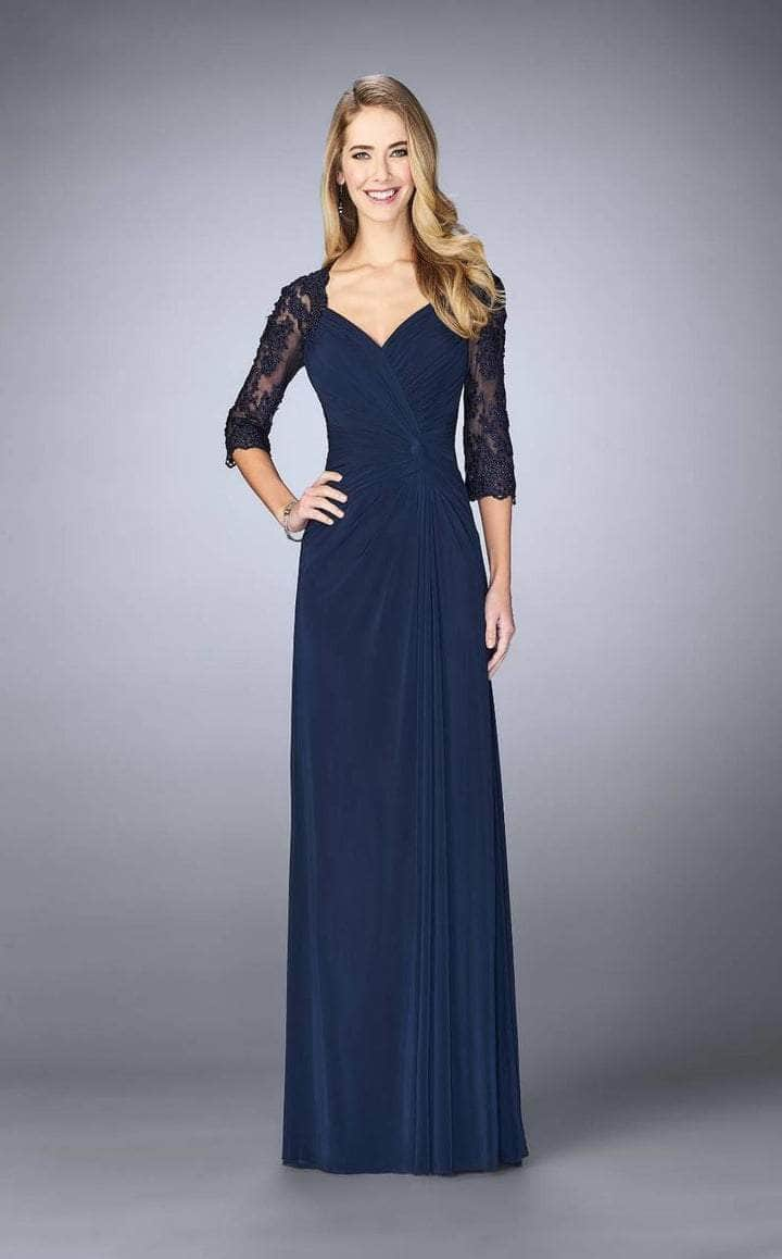 La Femme - Lace Embroidered V-Neck Evening Dress 23244SC CCSALE 14 / Navy