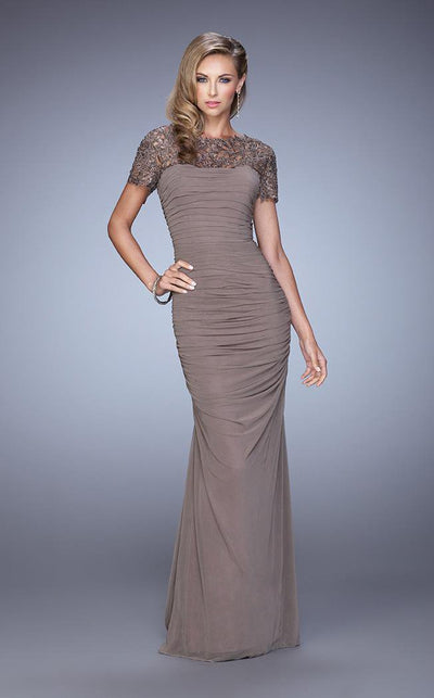 La Femme Laced Bateau Neck Sheath Dress 21713SC - 2 pcs Taupe In Size 2 and 12 Available CCSALE 8 / Taupe