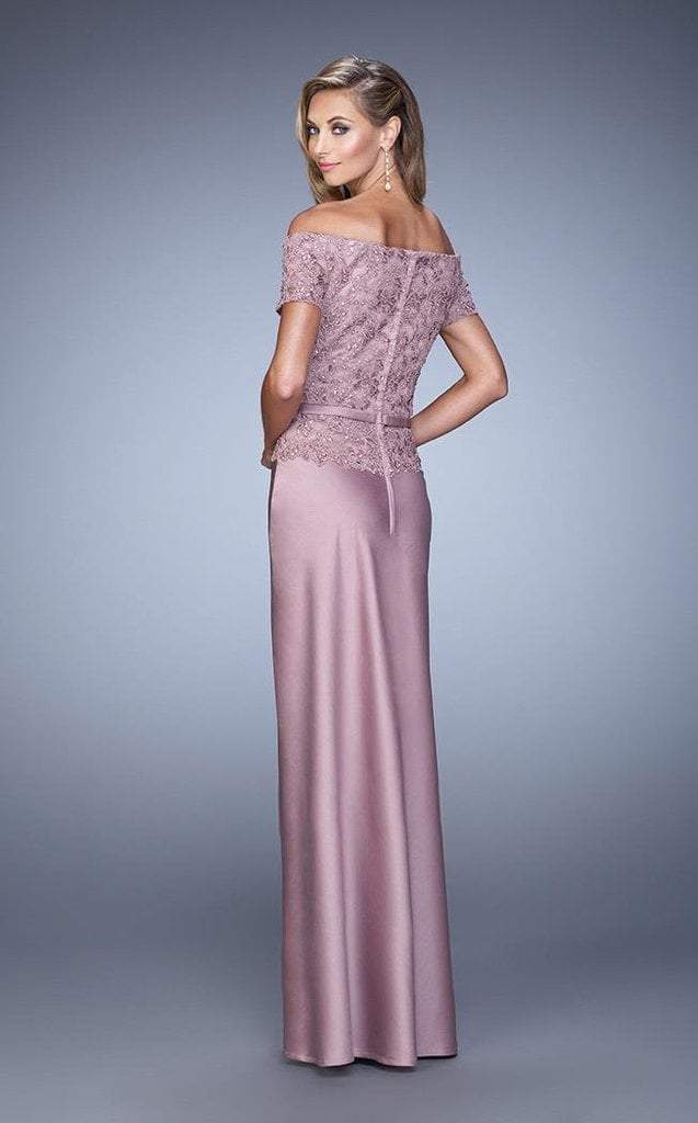 La Femme Laced Off Shoulder Column Dress 21726SC - 1 Pc Mauve in Size 10 Available CCSALE