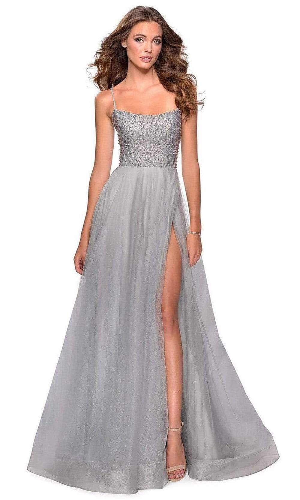 La Femme - Long Beaded Bodice High Slit Tulle Dress 28530SC - 1 pc Mauve In Size 2 and 1 pc Silver in Size 0 Available CCSALE 0 / Silver