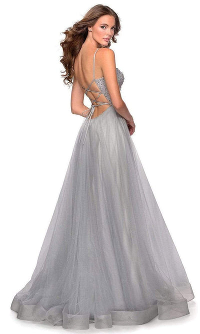 La Femme - Long Beaded Bodice High Slit Tulle Dress 28530SC - 1 pc Mauve In Size 2 and 1 pc Silver in Size 0 Available CCSALE