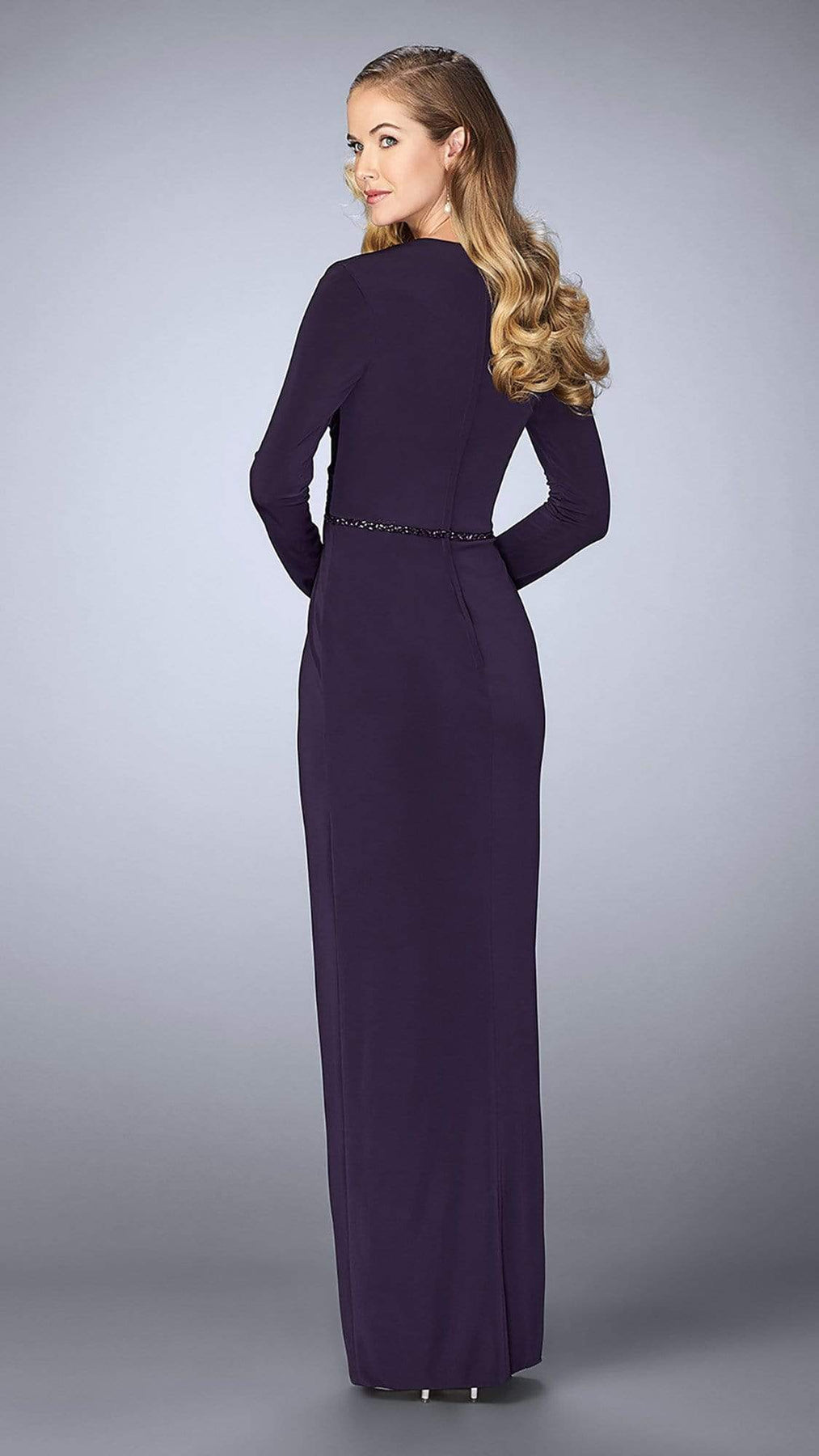 La Femme Long Sleeve Drape Tulip Gown 24927SC - 1 pc Plum in Size 4 Available CCSALE 4 / Plum