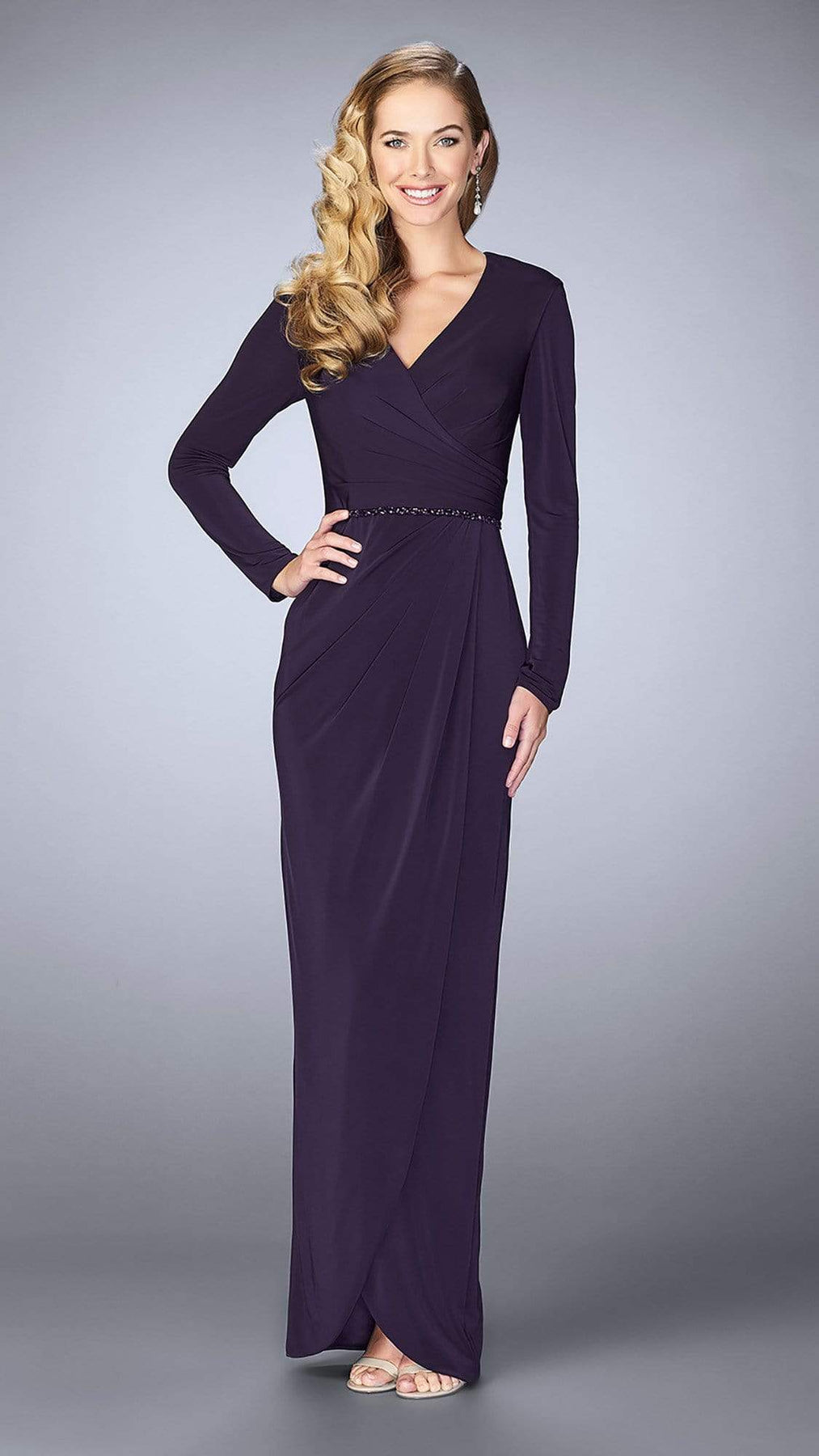 La Femme Long Sleeve Drape Tulip Gown 24927SC - 1 pc Plum in Size 4 Available CCSALE 4 / Plum