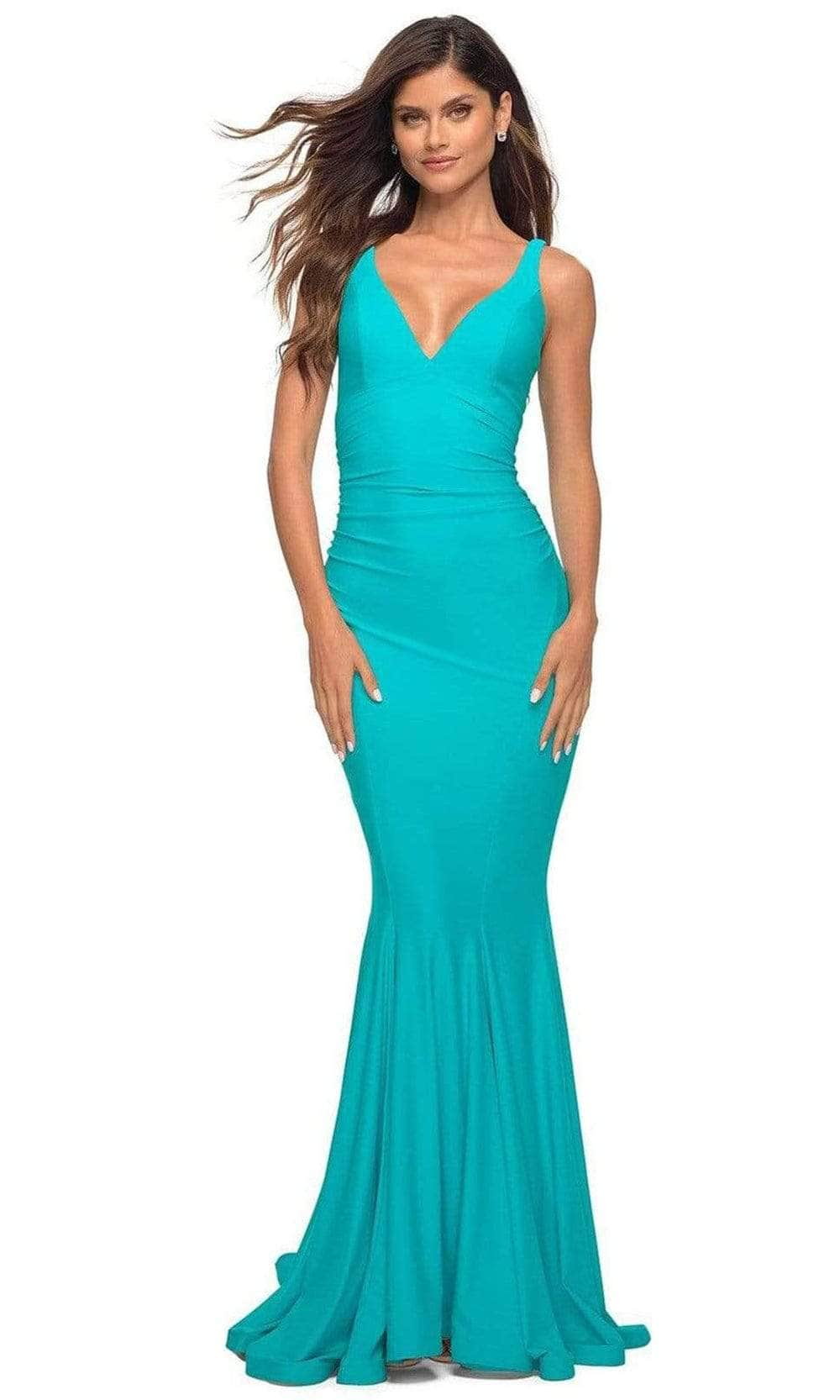 La Femme - Low V-Neck Ruched Prom Gown 30746SC - 1 pc Aqua In Size 0 Available CCSALE 0 / Aqua