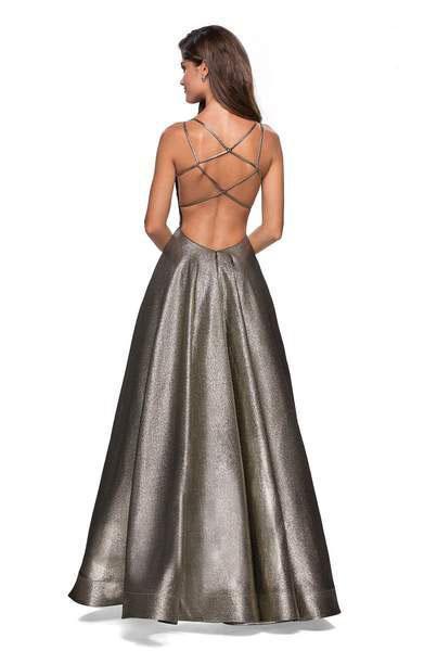 La Femme - Metallic Deep V-neck Pleated Ballgown 27532 - 1 pc Gold/Black In Size 4 Available CCSALE 4 / Gold/Black