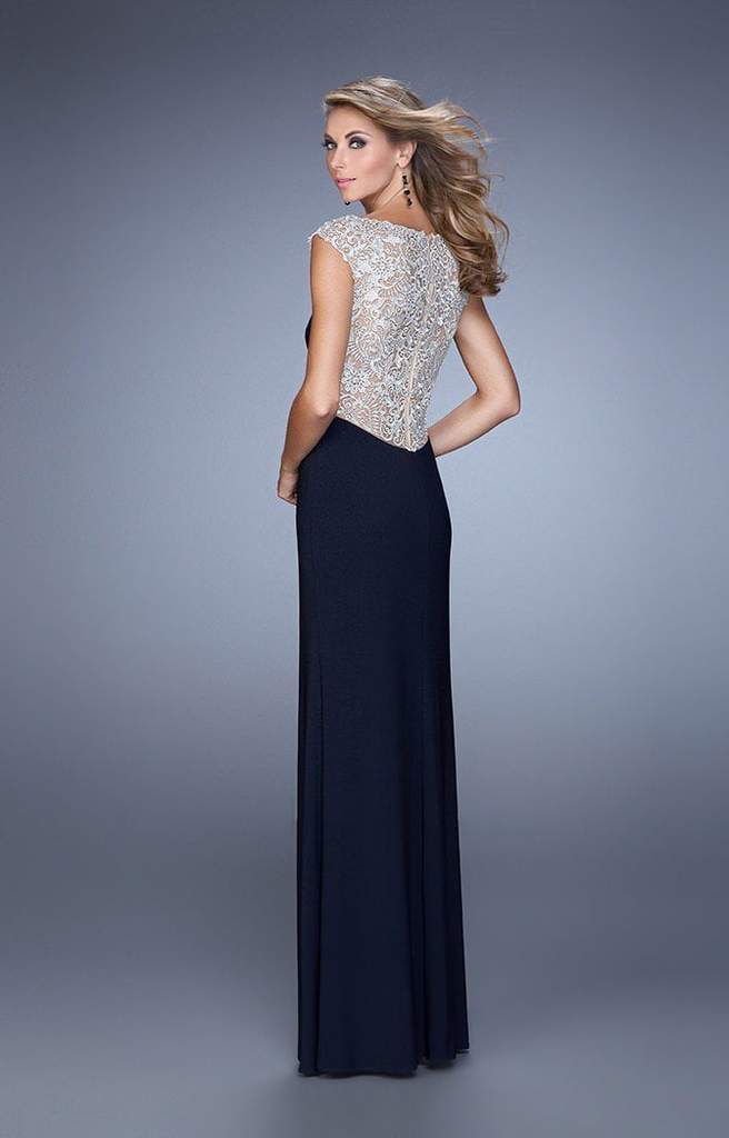 La Femme - Metallic Embroidered Sheath Gown with Slit 21467 - 1 pc Navy In Size 8 Available CCSALE 8 / Navy