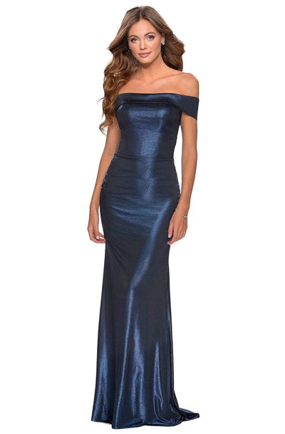 La Femme - Metallic Off Shoulder Sheath Dress 28740SC - 1 pc Navy In Size 12 Available CCSALE 12 / Navy