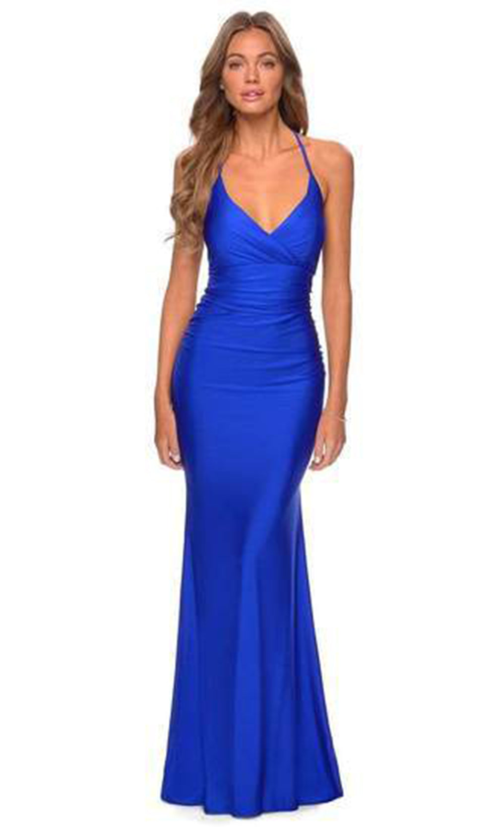La Femme - Sleeveless Metallic Sheath Evening Dress 28593SC In Blue