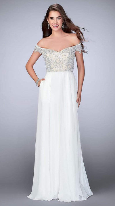 La Femme Off-Shoulder Embellished Dress in Ivory 24001SC - 1 Pc Ivory in Size 10 Available CCSALE 10 / Ivory