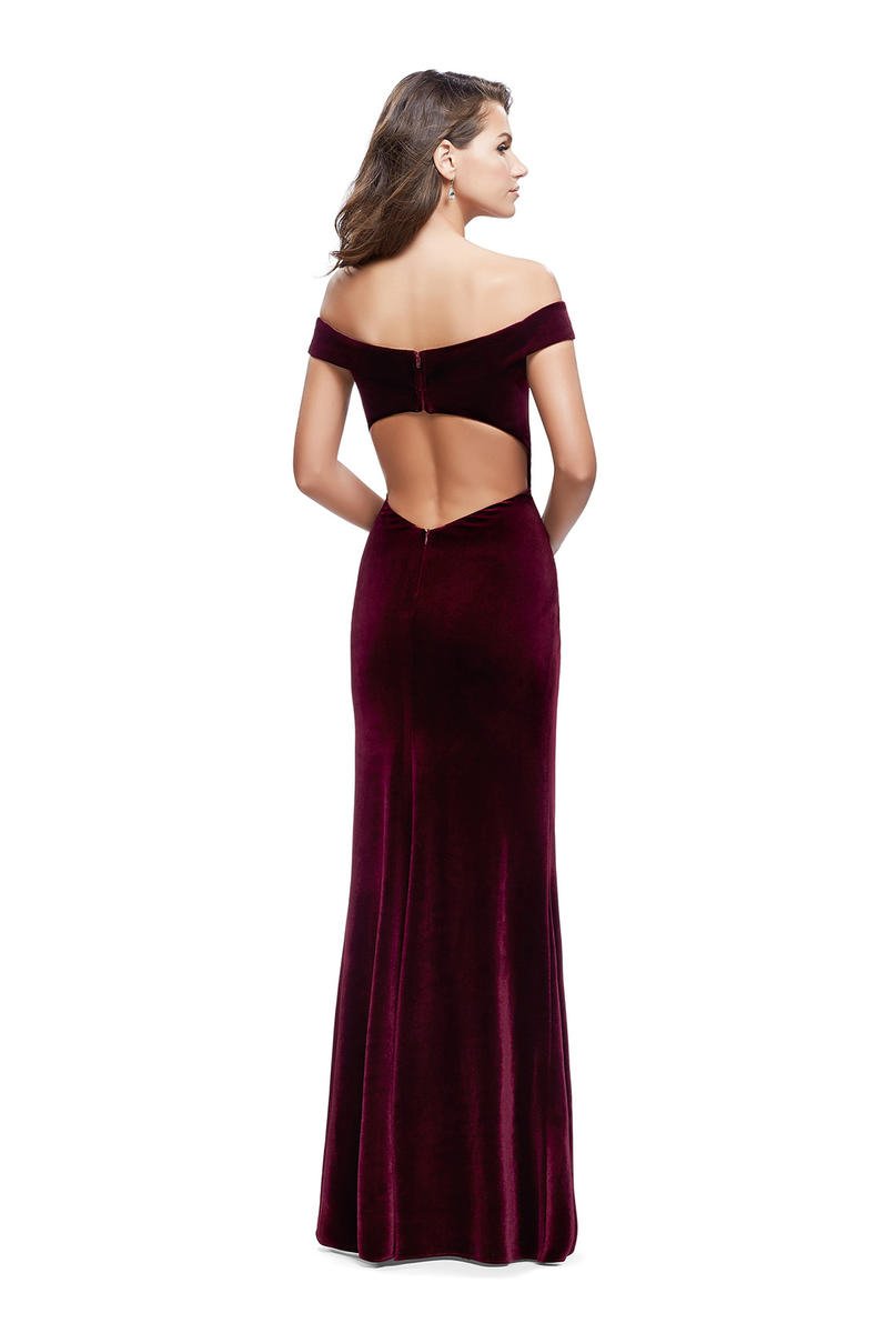 La Femme Off Shoulder High Slit Velvet Gown 25400 CCSALE 4 / Wine