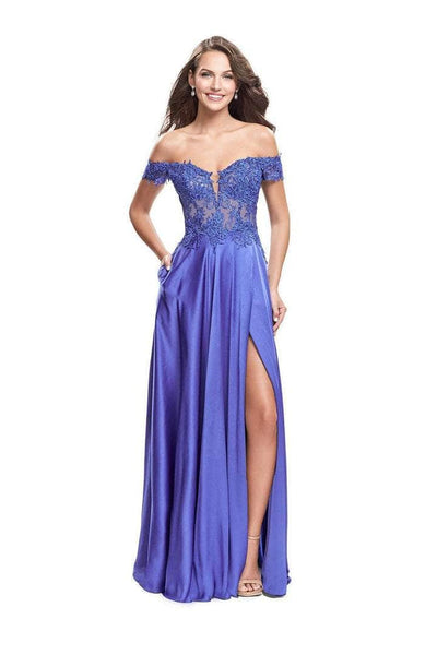 La Femme Off Shoulder Lace Pleated Dress A-Line 25694 CCSALE 8 / Dark Periwinkle