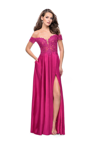La Femme Off Shoulder Lace Pleated Dress A-Line 25694 CCSALE 8 / Hot Fuchsia