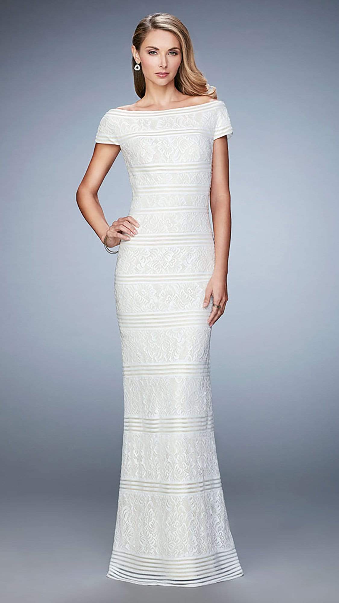 La Femme Off Shoulder Lace Short Sleeves Long Dress 23012SC - 1 Pc White in Size 2 Available CCSALE 2 / White