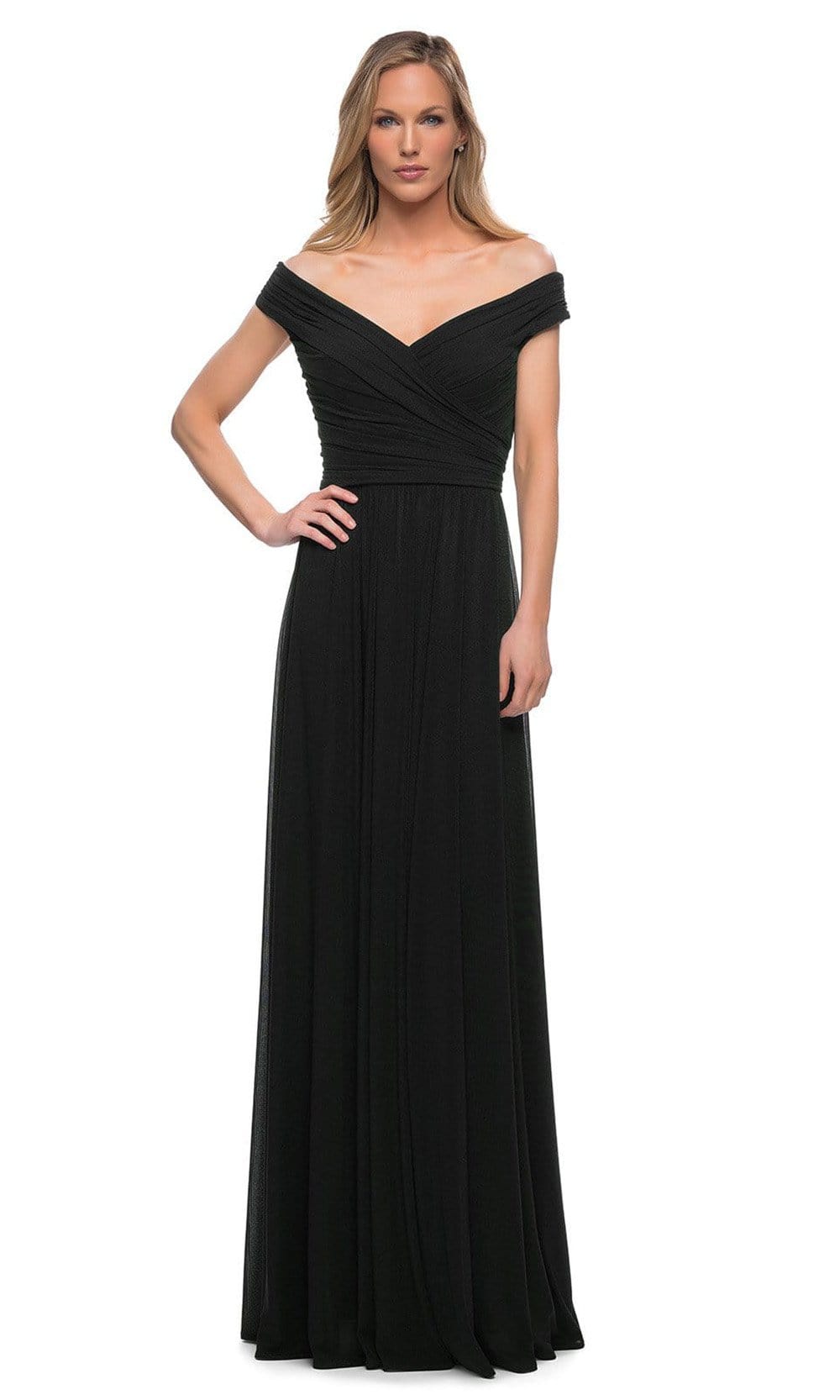 La Femme - Off Shoulder Ruched Evening Dress 29168SC - 1 pc Wine In Size 14 Available CCSALE 14 / Wine