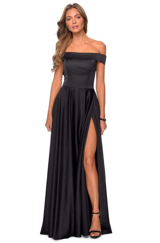 La Femme - Off Shoulder Satin A-Line Dress 28978SC - 1 pc Black In Size 20 Available CCSALE 20 / Black