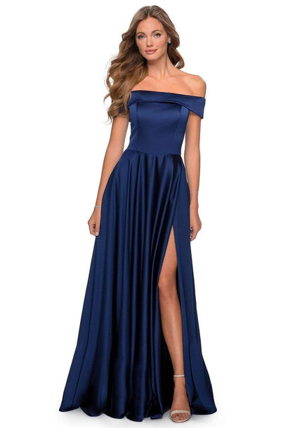 La Femme - Off Shoulder Satin A-Line Dress 28978SC - 1 pc Black In Size 20 Available CCSALE 20 / Black
