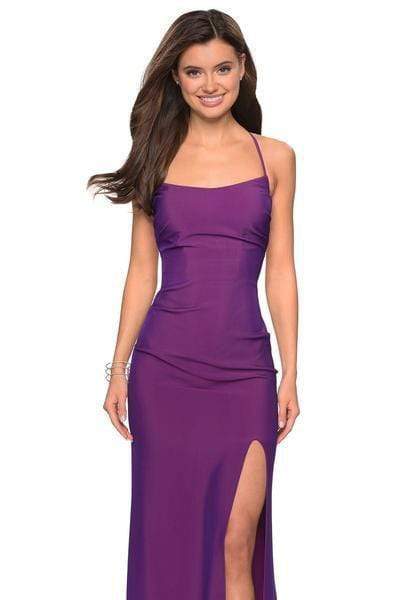 La Femme - Plunging Back Ruched High Slit Gown 27660SC - 1 pc Violet in Size 2, 1 pc Burgundy in Size 8 and 1 pc Navy in Size 10 Available CCSALE