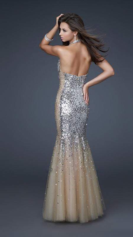 La Femme Plunging Halter Style Sequined Gown 16804 - 1 Pc Silver/Nude in Size 6 Available CCSALE 6 / Silver/Nude