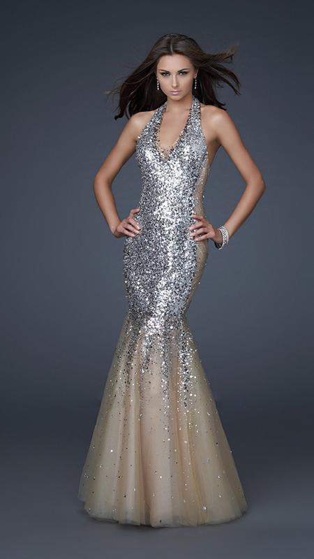 La Femme Plunging Halter Style Sequined Gown 16804 - 1 Pc Silver/Nude in Size 6 Available CCSALE 6 / Silver/Nude