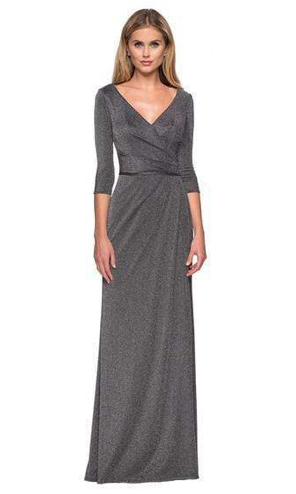 La Femme - Quarter Sleeve Glitter Jersey Sheath Dress In Silver
