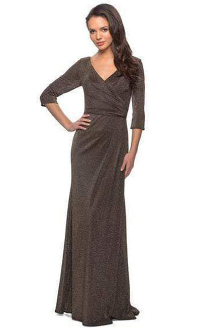 La Femme - Quarter Sleeve Glitter Jersey Sheath Dress In Brown