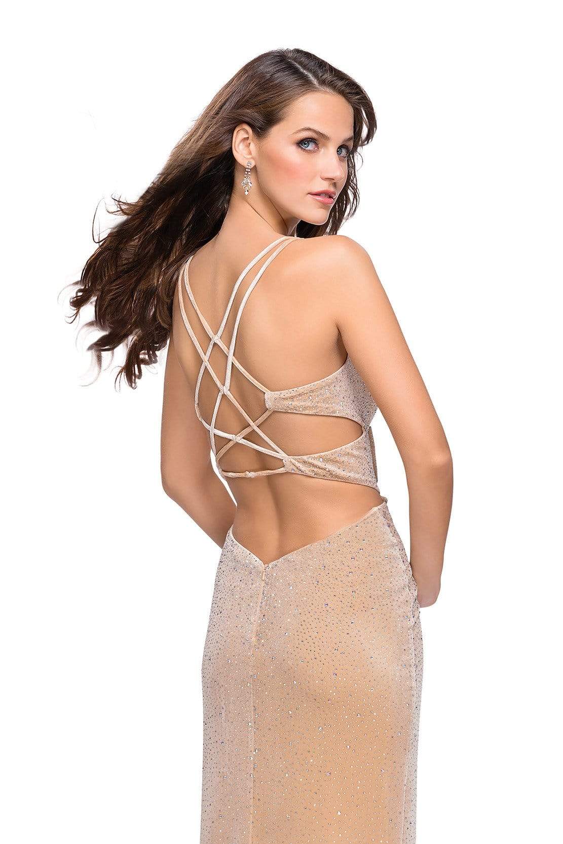 La Femme - Rhinestone Embellished Velvet Dress 25266SC - 1 pc Nude In Size 00 Available CCSALE 00 / Nude