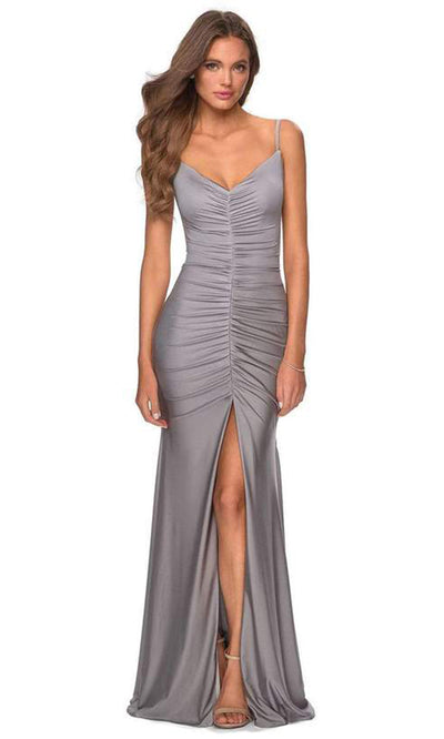 La Femme - Ruched High Slit Trumpet Dress In Silver