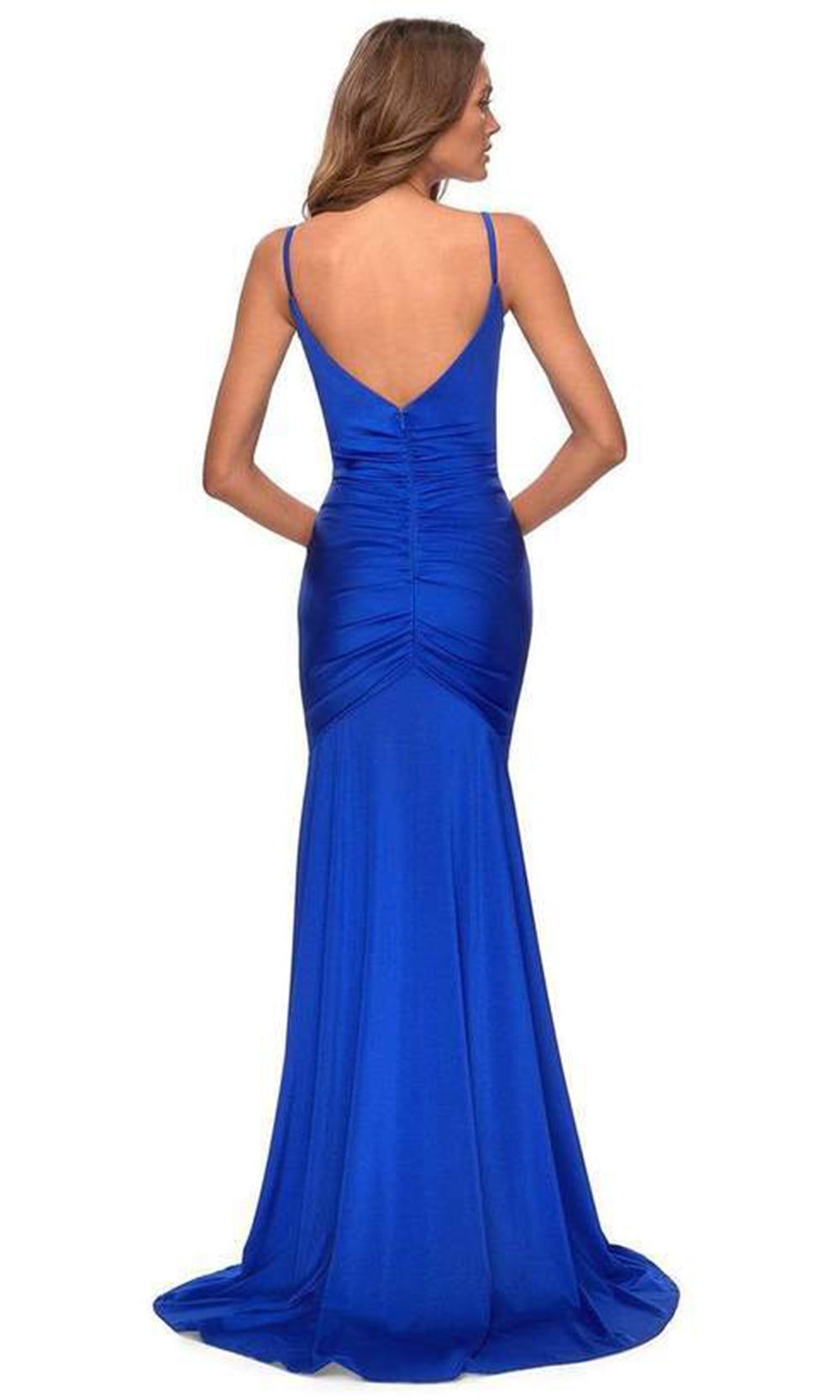 La Femme - Ruched High Slit Trumpet Dress In Blue