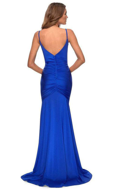 La Femme - Ruched High Slit Trumpet Dress In Blue