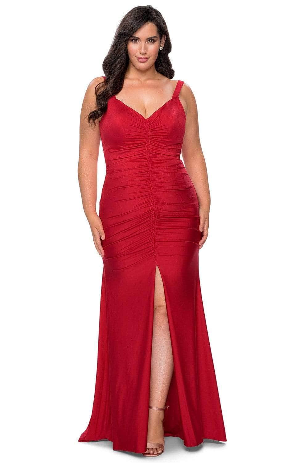 La Femme - Ruched Jersey Trumpet Dress with Slit 29027SC - 1 pc Red In Size 12W Available CCSALE 12W / Red